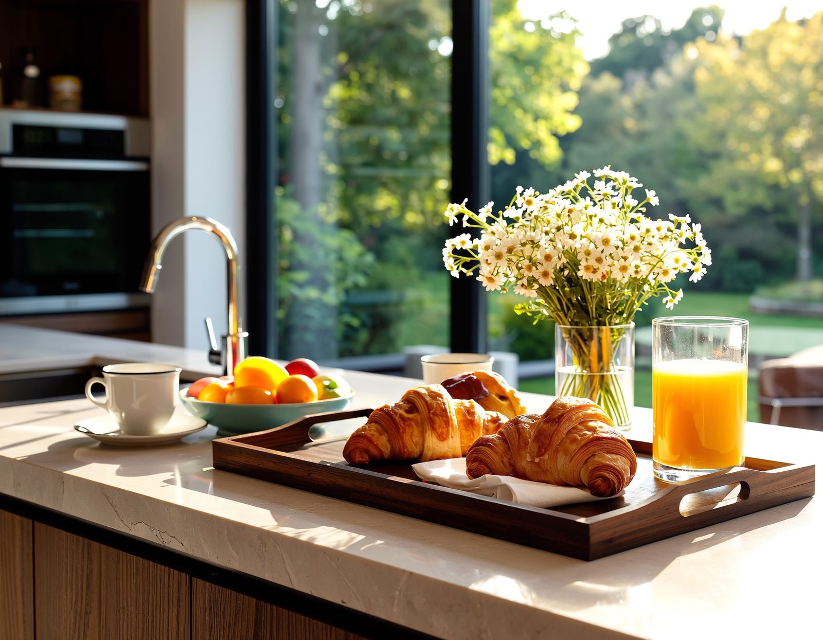 A breakfast tray with croissants, fruit, and fresh flowers on a sunlit kitchen counter