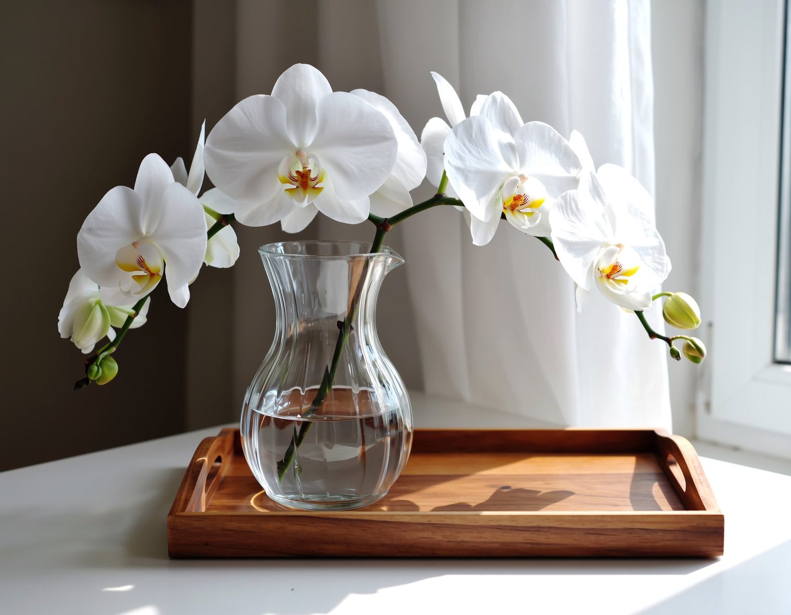 White orchids in a glass vase on a wooden tray, in soft natural light